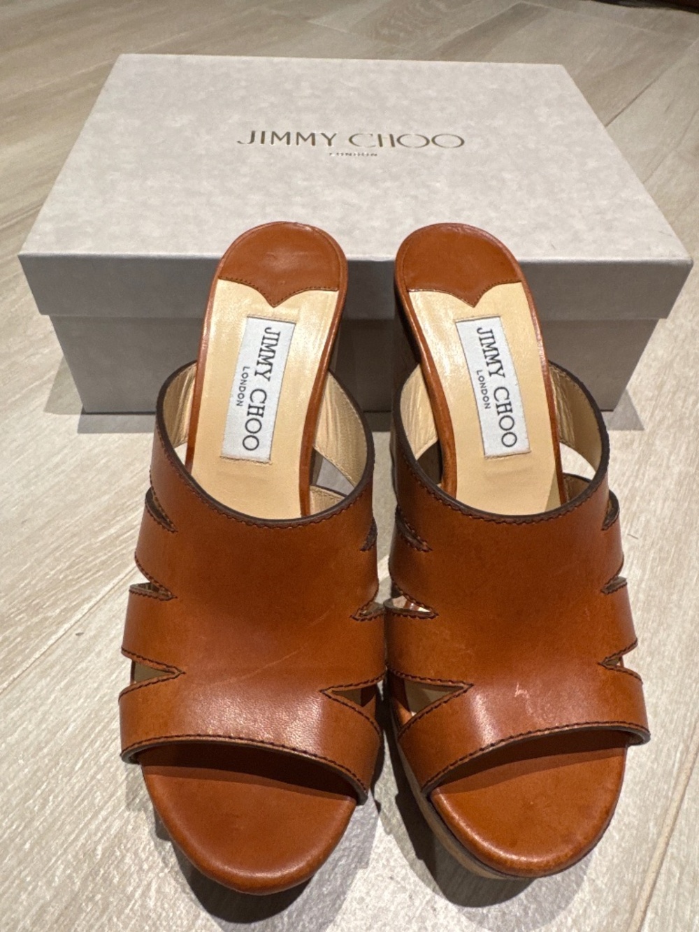 Jimmy Choo Dray 100 leather wedges tan size 8.5 gently worn